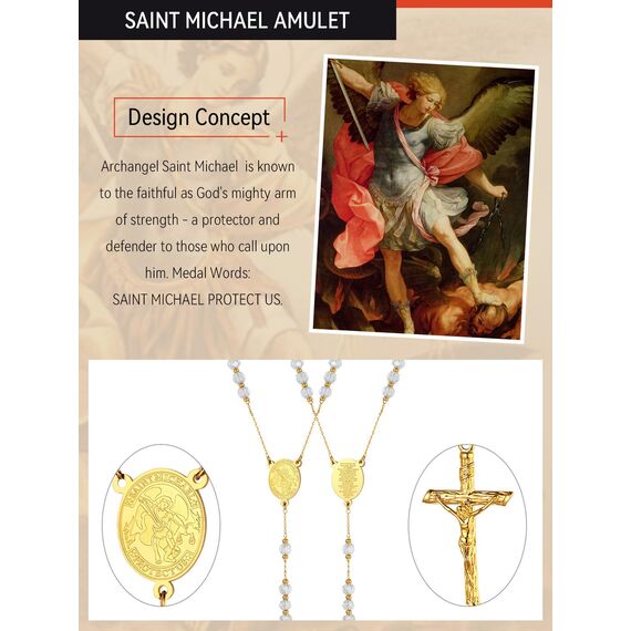 FaithHeart Rosenkranzkette Gold Rosenkranz Kreuz Kette Damen Herren Erzengel Michael Medaille Halskette Gebetskette Weiße Perlen Edelstahlkette Orthodoxes Rosary Necklace Heiliger Schmuck