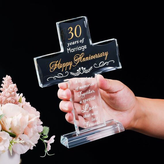 YWHL 30 Years Anniversary Cross Gifts for Him Her, 30th Wedding Anniversary Meaningful Gifts for Couples, Glass Cross Keepsake with Steanding Base, 30 Years of Marriage Gift