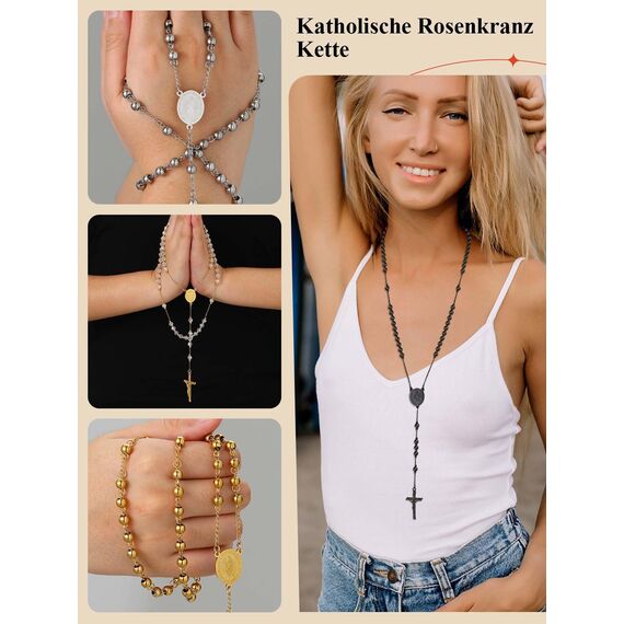 FaithHeart Kreuz Kette Schwarz Herren Damen Edelstahl Rosenkranzkette Lang Rosenkranz Kommunion Halskette Jungfrau Maria Gebetskette Orthodox Cross Chain Rosary Necklace Modeschmuck
