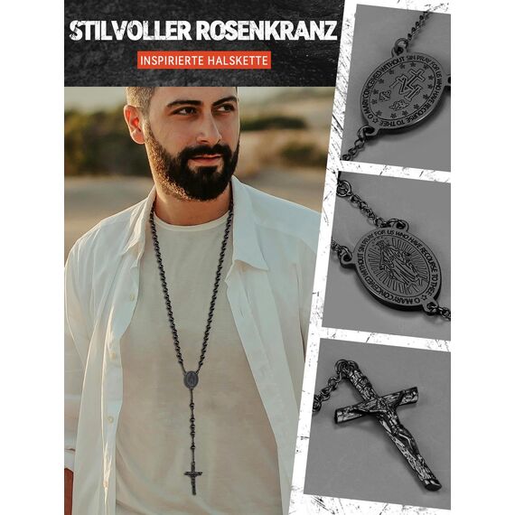FaithHeart Kreuz Kette Schwarz Herren Damen Edelstahl Rosenkranzkette Lang Rosenkranz Kommunion Halskette Jungfrau Maria Gebetskette Orthodox Cross Chain Rosary Necklace Modeschmuck