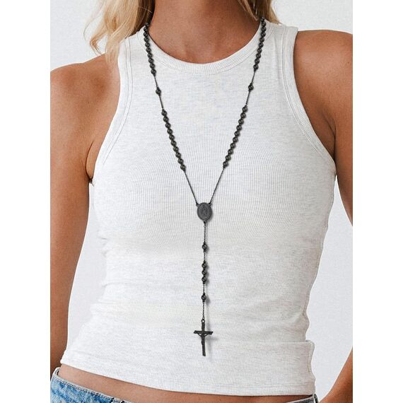 FaithHeart Kreuz Kette Schwarz Herren Damen Edelstahl Rosenkranzkette Lang Rosenkranz Kommunion Halskette Jungfrau Maria Gebetskette Orthodox Cross Chain Rosary Necklace Modeschmuck