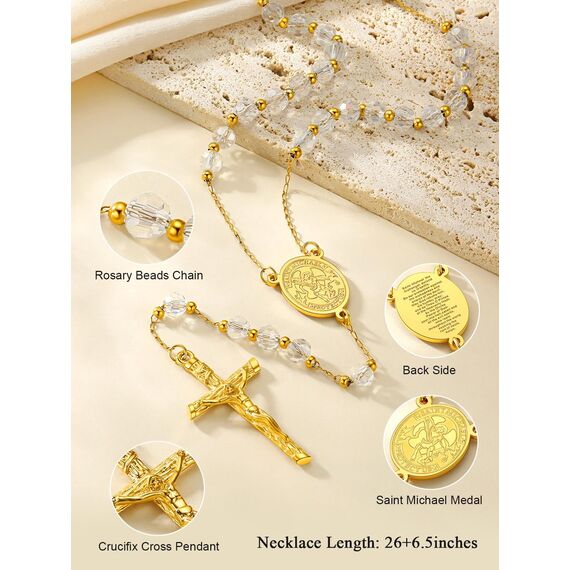 FaithHeart Rosenkranzkette Gold Rosenkranz Kreuz Kette Damen Herren Erzengel Michael Medaille Halskette Gebetskette Weiße Perlen Edelstahlkette Orthodoxes Rosary Necklace Heiliger Schmuck