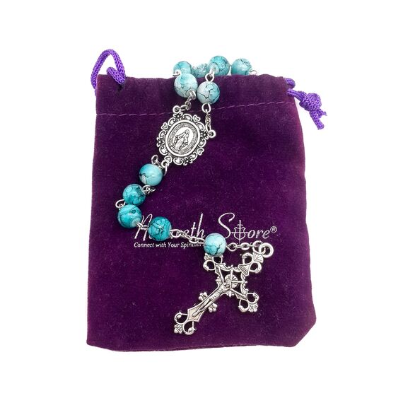 Nazareth Store Katholische Türkis Marmor Glasperlen Rosenkranz Halskette Wunderbare Medaille & Kreuz - Samt Tasche