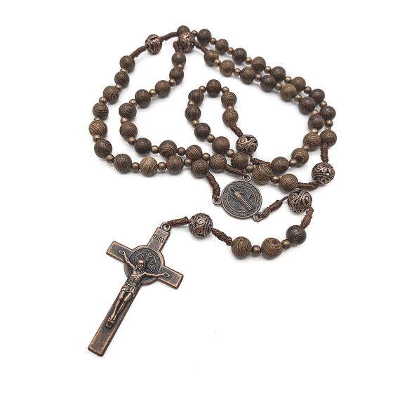 Nazareth Store Heilige Holzperlen, Rosenkranz, massive Holzperlen-Halskette und Metallglory-Perlen, katholische Medaille und Kreuz-Kruzifix, 20", Holz, Kein Edelstein