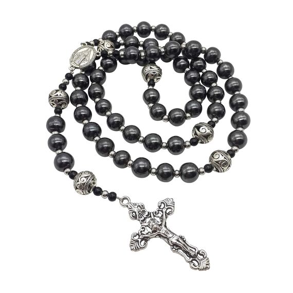 Nazareth Store Hämatit Rosenkranz Black Stone Perlen Halskette Metall Perlen Wunderbare Medaille & Kreuz Rosenkranz für Männer und Frauen NS