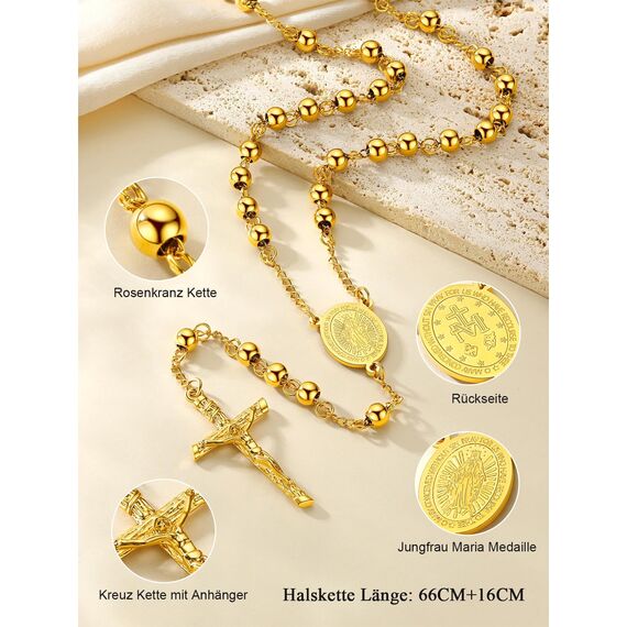 FaithHeart Auto Rosenkranz Kette für Damen Herren Kreuzkette Gold Rosenkranzkette mit Orthodoxes Kreuz Gebetskette Maria Halskette Wundertätige Medaille Edelstahl Cross Chain Rosary Necklace Schmuck