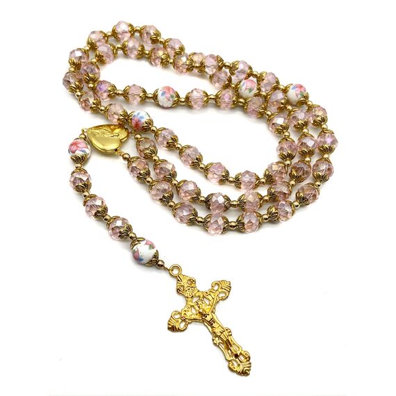 Nazareth Store Katholische Rosa Kristall Perlen Gold Rosenkranz Blumen Perlen Halskette Holy Mary Herz Medaillon Medaille & Kreuz Religiöses Amulett für Frauen