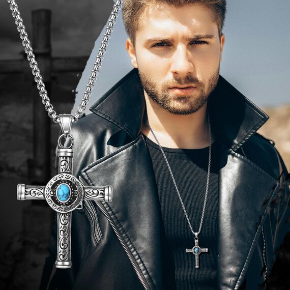 Flongo Türkis Keltischer Kreuzknoten Halskette：Vintage Kreuz Anhänger Edelstahl böhmische Kette religiöser keltischer Knoten Amulett Geburtstag Geschenk Halloween Weihnachten Herren Damen Geschenk