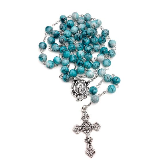 Nazareth Store Katholische Türkis Marmor Glasperlen Rosenkranz Halskette Wunderbare Medaille & Kreuz - Samt Tasche
