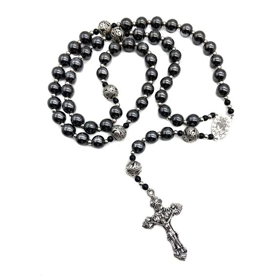 Nazareth Store Hämatit Rosenkranz Black Stone Perlen Halskette Metall Perlen Wunderbare Medaille & Kreuz Rosenkranz für Männer und Frauen NS