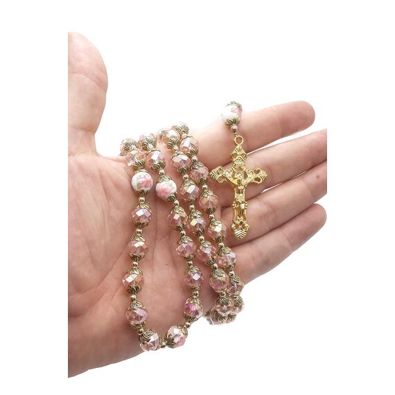 Nazareth Store Katholische Rosa Kristall Perlen Gold Rosenkranz Blumen Perlen Halskette Holy Mary Herz Medaillon Medaille & Kreuz Religiöses Amulett für Frauen