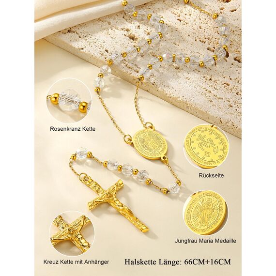 FaithHeart Rosenkranz Kette mit Maria Medaille Lange Rosenkranzkette Weiße Perlen Damen Kreuzkette Gold Herren Edelstahl Gebetskette Halskette Orthodoxes Kreuz Rosary Necklace Autorosenkranz Schmuck