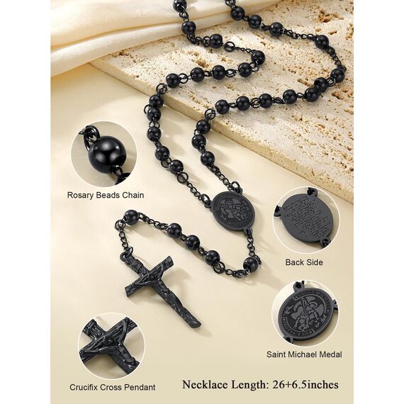 FaithHeart Kreuz Kette Herren Damen Rosenkranzkette für Auto Erzengel Michael Anhänger Halskette Gebetskette Schwarz Edelstahlkette Orthodoxes Rosary Necklace Amulett Schmuck
