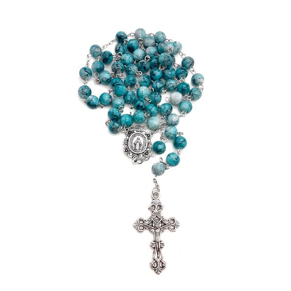 Nazareth Store Katholische Türkis Marmor Glasperlen Rosenkranz Halskette Wunderbare Medaille & Kreuz - Samt Tasche