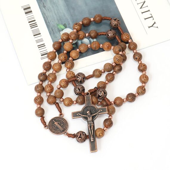 Nazareth Store Heilige Holzperlen, Rosenkranz, massive Holzperlen-Halskette und Metallglory-Perlen, katholische Medaille und Kreuz-Kruzifix, 20", Holz, Kein Edelstein