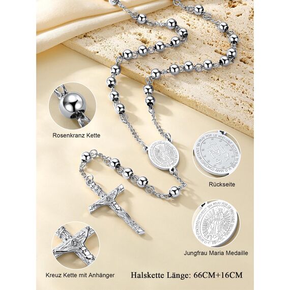 FaithHeart Rosenkranz Halskette für Damen Herren Orthodoxes Kreuzkette Edelstahl Rosenkranzkette Lange Jesus Kette mit Maria Gebetskette Silber Wundertätige Medaille Rosary Necklace Schmuck
