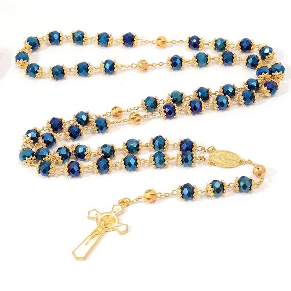 Nazareth Store St. Benedikt Kristallisierte blaue Perlen Rosenkranz goldene Halskette für Damen und Herren mit goldenen Mystery-Perlen, wundertätige Medaille und St. Benedikt-Kreuz, 55 cm, Kristall,