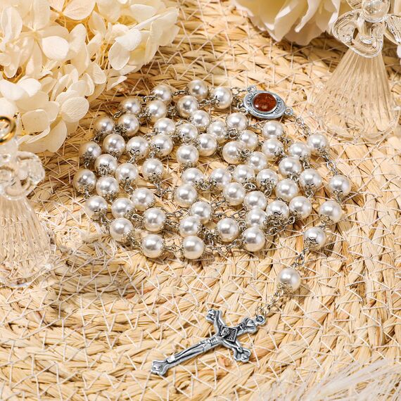 Katholische Rosenkranz-Perlenkette mit weißen Perlen, lange Halskette, Glas-Rosenkranzperlen, Kreuz und Medaille Anhänger, Unisex