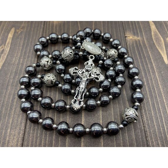 Nazareth Store Hämatit Rosenkranz Black Stone Perlen Halskette Metall Perlen Wunderbare Medaille & Kreuz Rosenkranz für Männer und Frauen NS