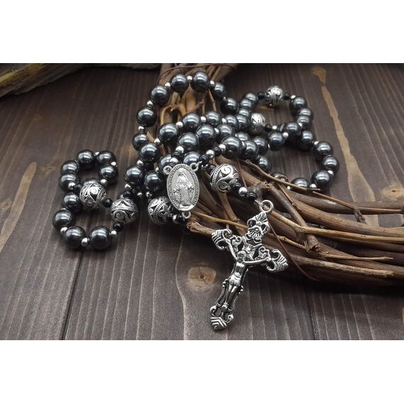 Nazareth Store Hämatit Rosenkranz Black Stone Perlen Halskette Metall Perlen Wunderbare Medaille & Kreuz Rosenkranz für Männer und Frauen NS