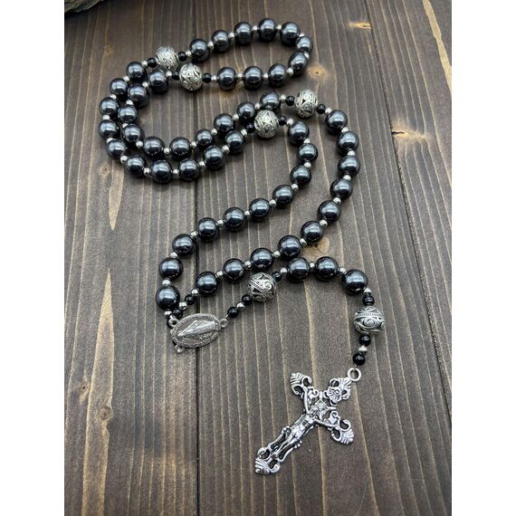 Nazareth Store Hämatit Rosenkranz Black Stone Perlen Halskette Metall Perlen Wunderbare Medaille & Kreuz Rosenkranz für Männer und Frauen NS