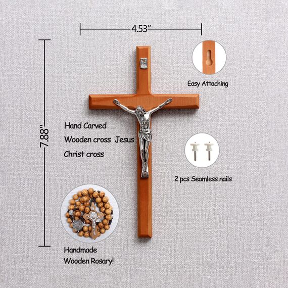 GFRGFH Kruzifix Wandkreuz, Handgefertigte katholische Kreuze mit Holz-Rosenkranz, Holz-Kruzifix für Wand, Jesus christliches Wandbehang-Kreuz für Heimdekoration, 20,3 cm