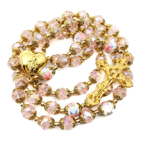 Nazareth Store Katholische Rosa Kristall Perlen Gold Rosenkranz Blumen Perlen Halskette Holy Mary Herz Medaillon Medaille & Kreuz Religiöses Amulett für Frauen