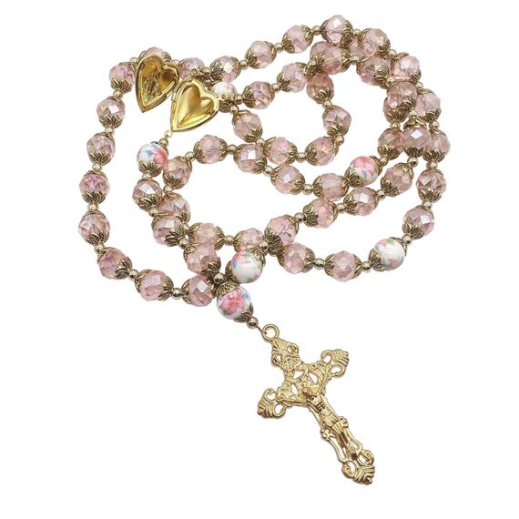 Nazareth Store Katholische Rosa Kristall Perlen Gold Rosenkranz Blumen Perlen Halskette Holy Mary Herz Medaillon Medaille & Kreuz Religiöses Amulett für Frauen