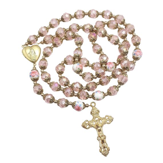 Nazareth Store Katholische Rosa Kristall Perlen Gold Rosenkranz Blumen Perlen Halskette Holy Mary Herz Medaillon Medaille & Kreuz Religiöses Amulett für Frauen
