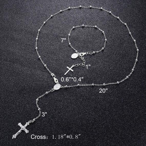 CASSIECA Damen Silberkette 925 Sterling Silber Rosenkranz Halskette Armband Religiöser Schmuck Set Kreuz Kette Maria Madonna Kreuzkette Anhänger Gliederkette Y Kette