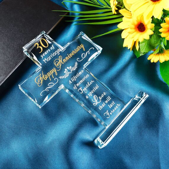 YWHL 30 Years Anniversary Cross Gifts for Him Her, 30th Wedding Anniversary Meaningful Gifts for Couples, Glass Cross Keepsake with Steanding Base, 30 Years of Marriage Gift