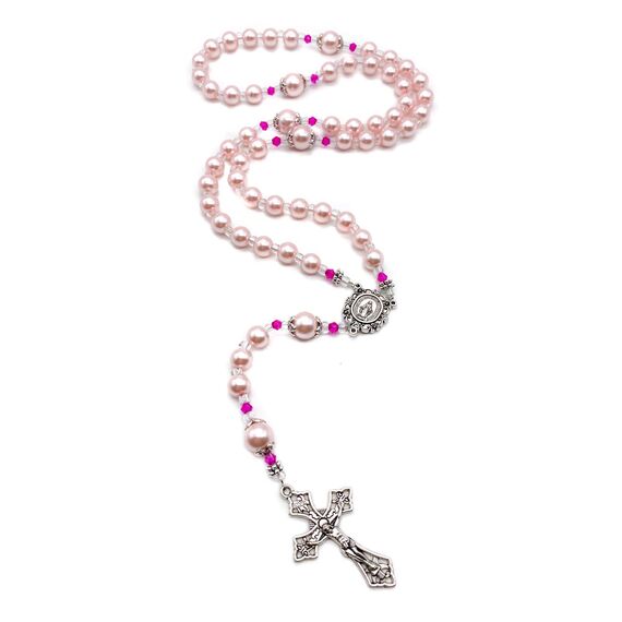Nazareth Store Pink Pearl Perlen Rosenkranz katholische Halskette mit wundersamen Medaille Kreuz Kruzifix silberfarbenen Rosenkranz in Samt Tasche