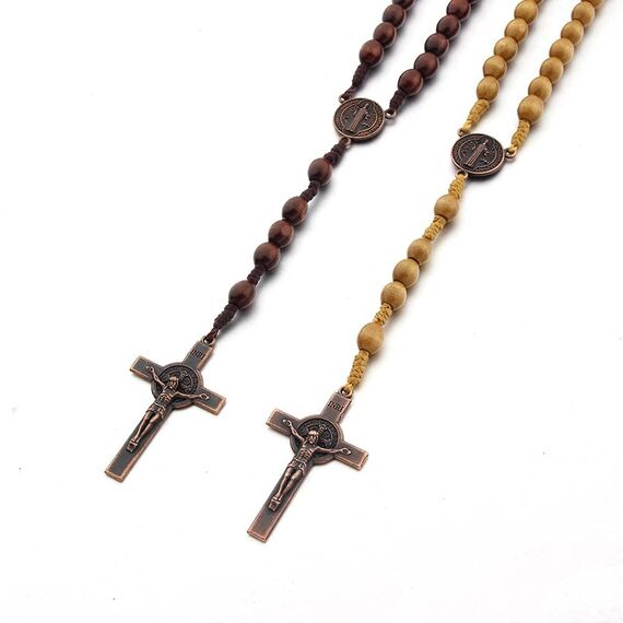 Jiali Q 2 Stück Holzrosenkränze, katholischer Rosenkranz, handgefertigt, Kruzifix-Halskette, religiöser Schmuck, 1 dunkel + 1 hell