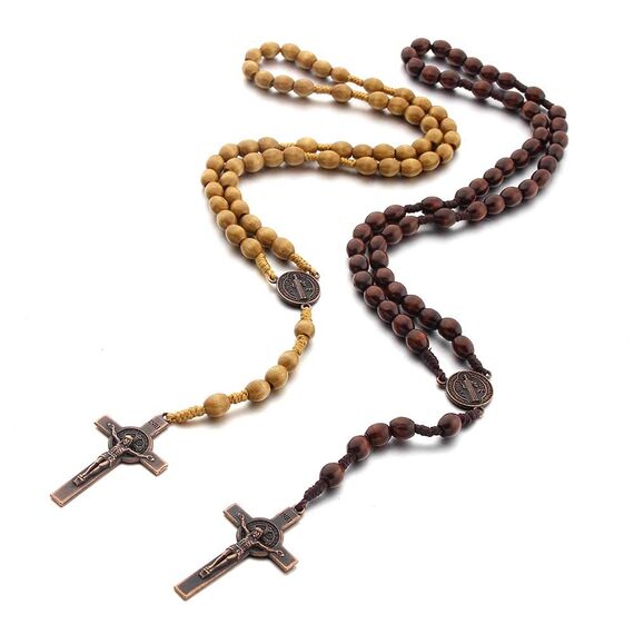 Jiali Q 2 Stück Holzrosenkränze, katholischer Rosenkranz, handgefertigt, Kruzifix-Halskette, religiöser Schmuck, 1 dunkel + 1 hell
