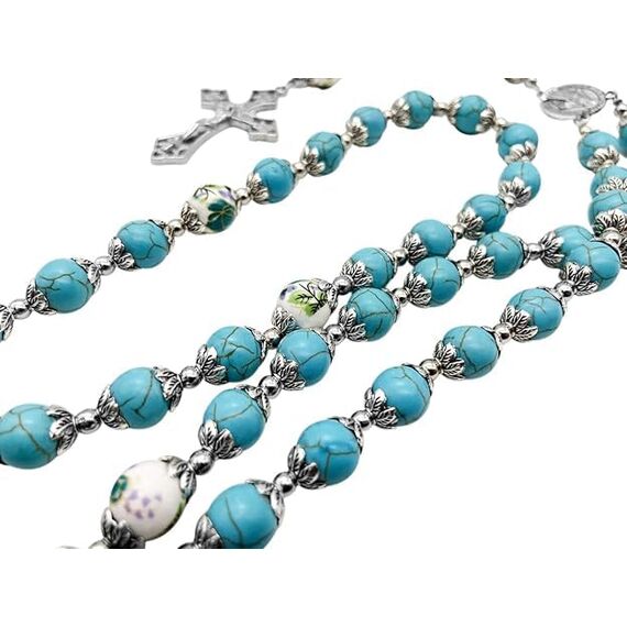 Nazareth Store Rosenkranz mit katholischen türkisfarbenen Marmorperlen und Blumen, Halskette mit wundersamer Medaille und Kreuz