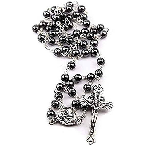 Nazareth Store Hämatit-Rosenkranz aus schwarzem Stein, langer Kreuz-Anhänger, Perlenkette, Heiliges Land