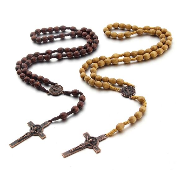 Jiali Q 2 Stück Holzrosenkränze, katholischer Rosenkranz, handgefertigt, Kruzifix-Halskette, religiöser Schmuck, 1 dunkel + 1 hell