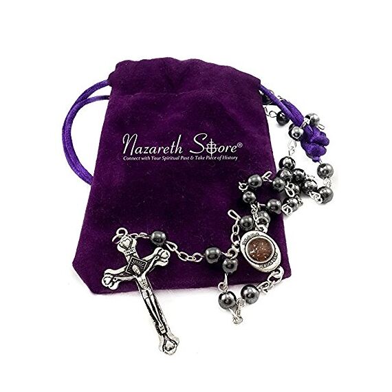 Nazareth Store Hämatit-Rosenkranz aus schwarzem Stein, langer Kreuz-Anhänger, Perlenkette, Heiliges Land