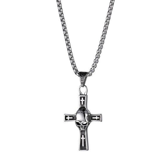 Flongo Frauen Kreuz Kette Männer Anhänger Rosenkranz ägyptisch Ankh Kreuz Halskette Silber Totenkopf Schädel Biker Herren-Accessoires