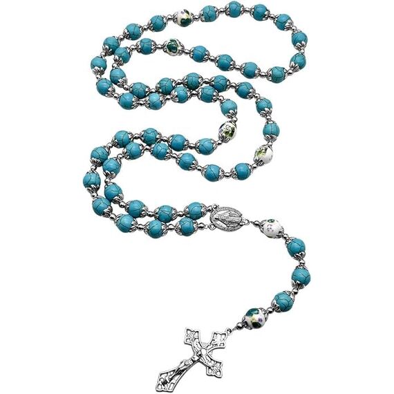 Nazareth Store Rosenkranz mit katholischen türkisfarbenen Marmorperlen und Blumen, Halskette mit wundersamer Medaille und Kreuz