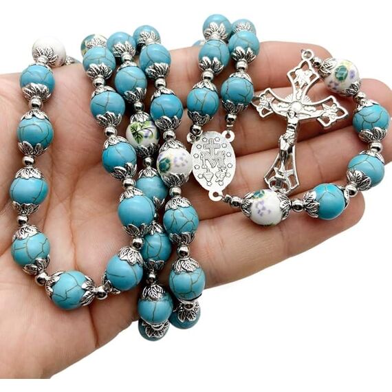 Nazareth Store Rosenkranz mit katholischen türkisfarbenen Marmorperlen und Blumen, Halskette mit wundersamer Medaille und Kreuz