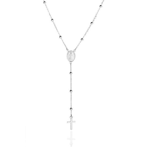 QUADRI - Elegante 925er Silber-Rosenkranz-Halskette mit Medaille der Jungfrau Maria und glänzendem Kreuz. Halskette Länge 48 cm + 7.50 cm Anhänger Made in Italy Zertifikat