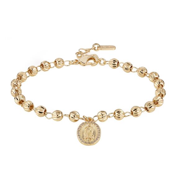 HZMAN 14K vergoldet Jungfrau Maria Rosenkranz Perlen Armband Dainty Jungfrau von Guadalupe verstellbare Link Armbänder für Damen Party Hochzeitsschmuck Geschenk