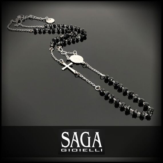 SAGA GIOIELLI® Unisex Rosenkranz Halskette mit schwarzen Kristallen aus Stahl