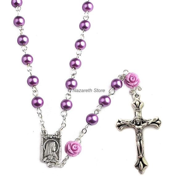 Nazareth Store Katholische Lila Perle Perlen Rosenkranz Halskette 6pcs Unsere Rose Lourdes Medaille & Kreuz NS