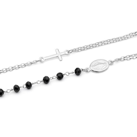 AKA Gioielli® - 925 Silber Rosenkranz Armband mit Schwarze Steine mit Jungfrau Maria und Kreuz - Armband für Damen und Herren, längenverstellbar