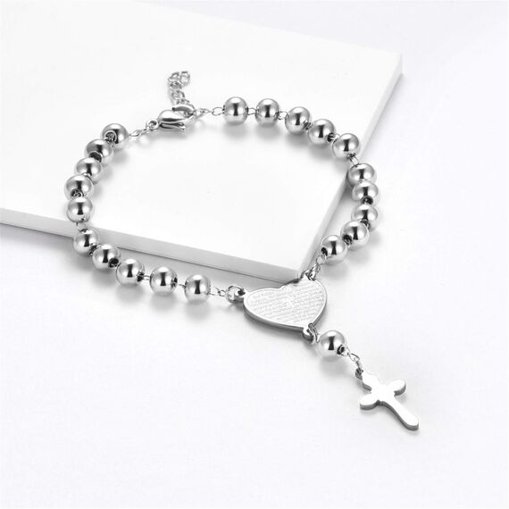 Flongo Armband Rosenkranz Kette Armkette, Edelstahl Anhänger Armreif Kette Kugelkette Silber Englisch Bibel Herz Herzchen Tag Kruzifix Kreuz Kugel Perle Perlen Rosenkranz Herren,Damen