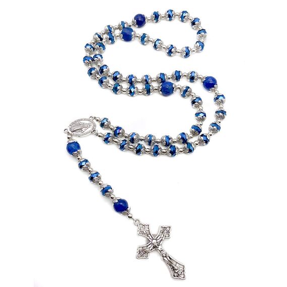 Nazareth Store Rosenkranz aus tiefblauen Kristallperlen, blaue Achat-Glory-Stein-Perlen-Halskette, wundersame Medaille und Kreuz, Kruzifix, Sammlung religiöser Rosenkränze