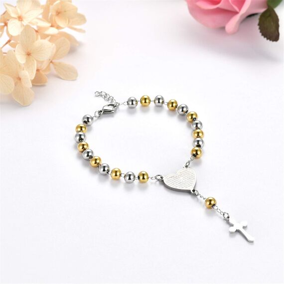 Flongo Armband Rosenkranz Kette Armkette, Edelstahl Anhänger Armreif Kette Kugelkette Silber Gold Golden Englisch Bibel Herz Herzchen Tag Kruzifix Kreuz Kugel Perle Perlen Rosenkranz Herren,Damen