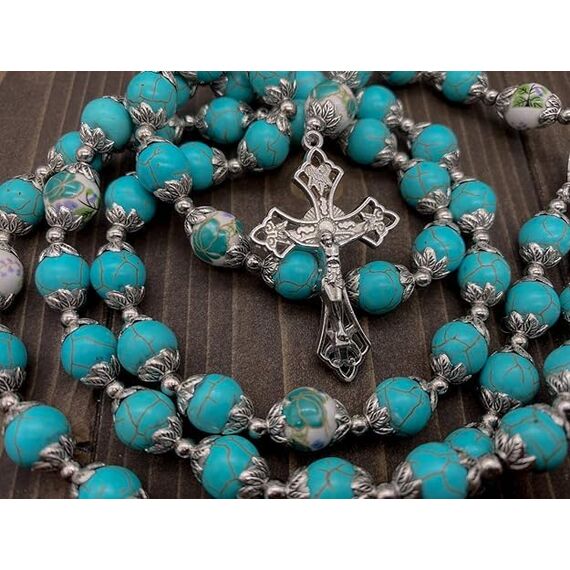 Nazareth Store Rosenkranz mit katholischen türkisfarbenen Marmorperlen und Blumen, Halskette mit wundersamer Medaille und Kreuz